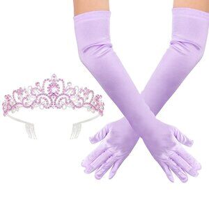 Princess Crown and Satin Long Gloves Set for Women Elbow Length Opera Gloves Pur